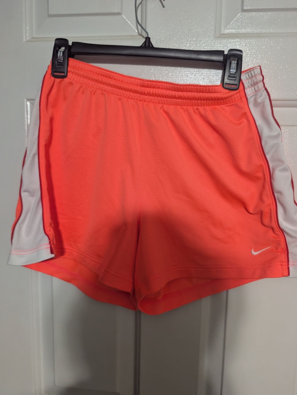 Nike Women’s Coral-Orange Athletic Shorts with White Side Panels